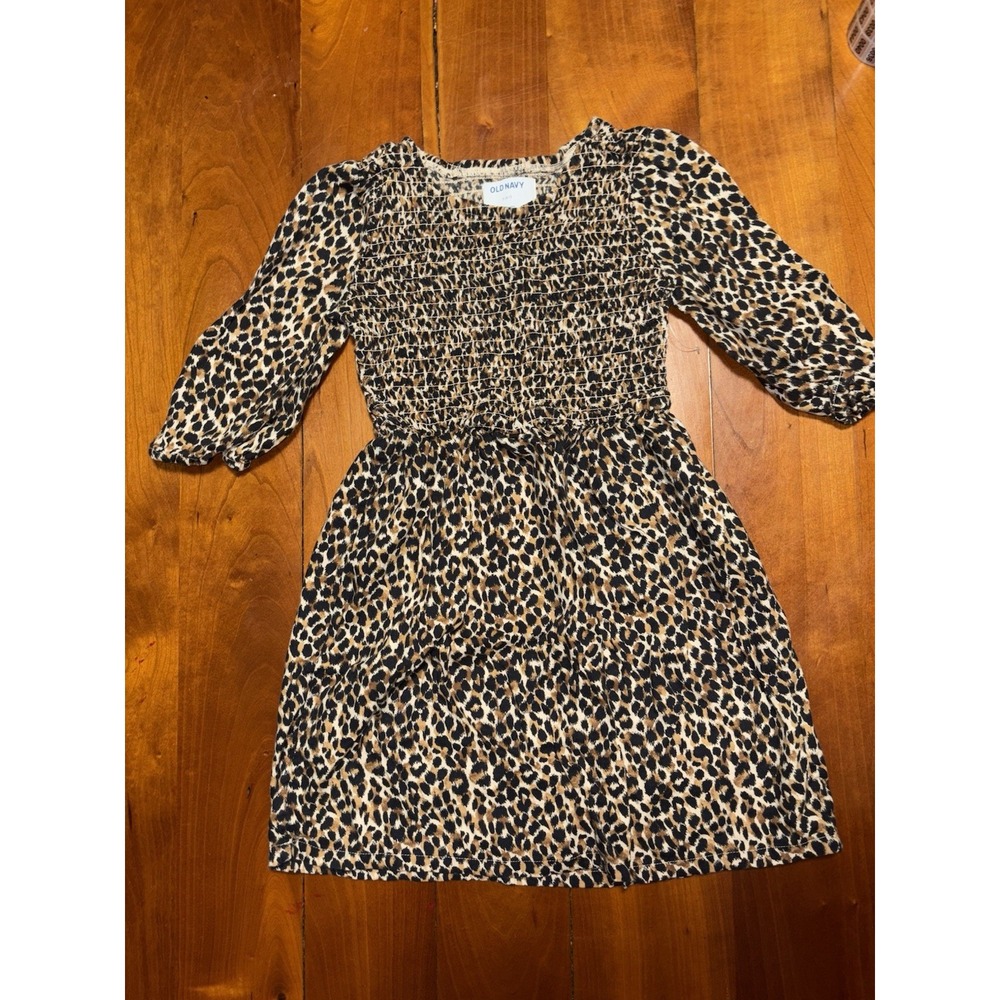 Old Navy Girls Dress Cheetah Print 3/4 Sleeve Size M (6/7) Smocked